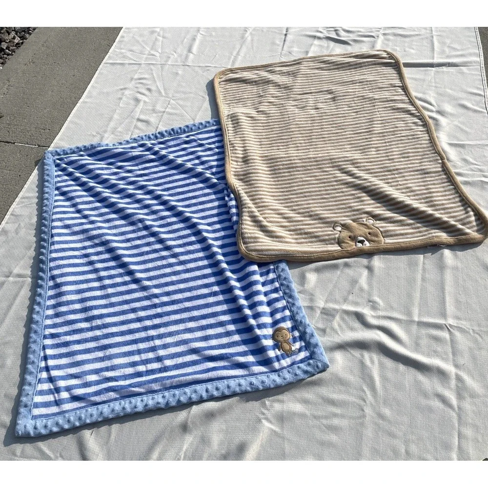Lot Of 2 Carter's Baby Blankets Monkey Teddy Bear Stripes Brown Blue Fleece